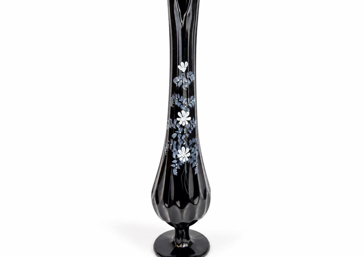 Vintage 1970s Fenton 4453 Ebony Thumbprint Swung Vase - By T Budim - Hand Painted Floral Glass - Each Sold Separately