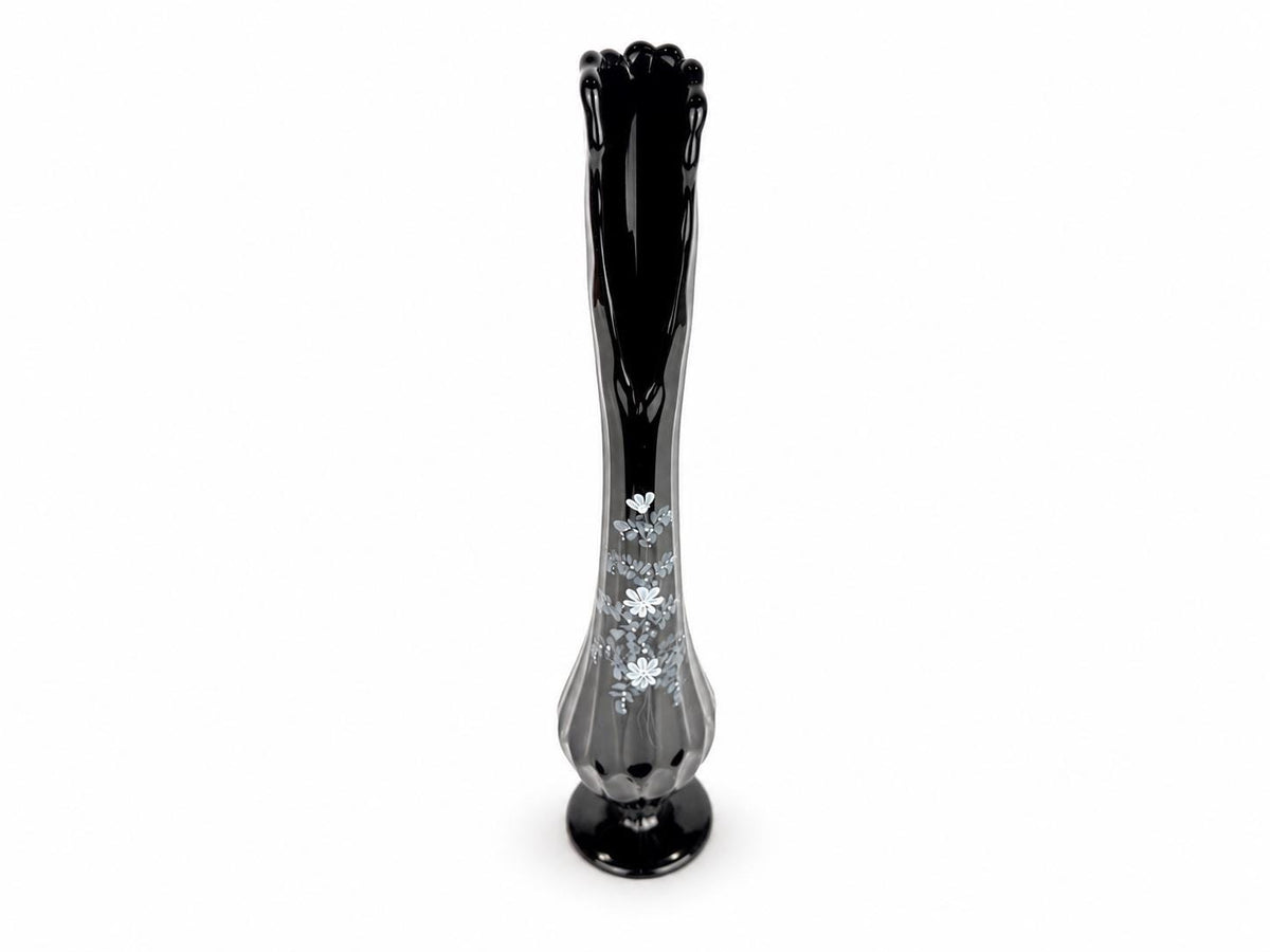 Vintage 1970s Fenton 4453 Ebony Thumbprint Swung Vase - By T Budim - Hand Painted Floral Glass - Each Sold Separately