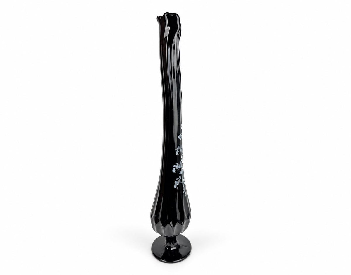 Vintage 1970s Fenton 4453 Ebony Thumbprint Swung Vase - By T Budim - Hand Painted Floral Glass - Each Sold Separately