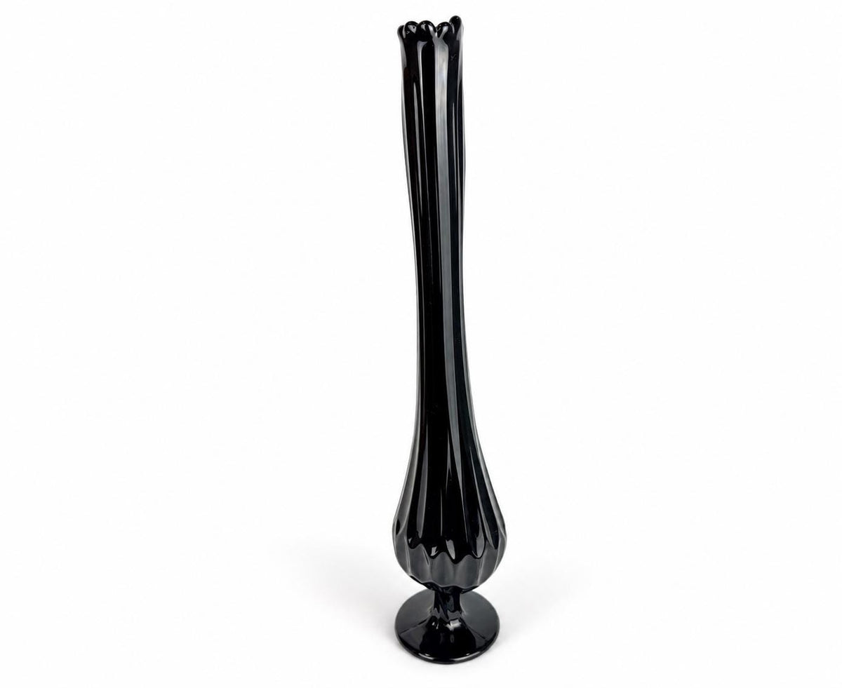 Vintage 1970s Fenton 4453 Ebony Thumbprint Swung Vase - By T Budim - Hand Painted Floral Glass - Each Sold Separately