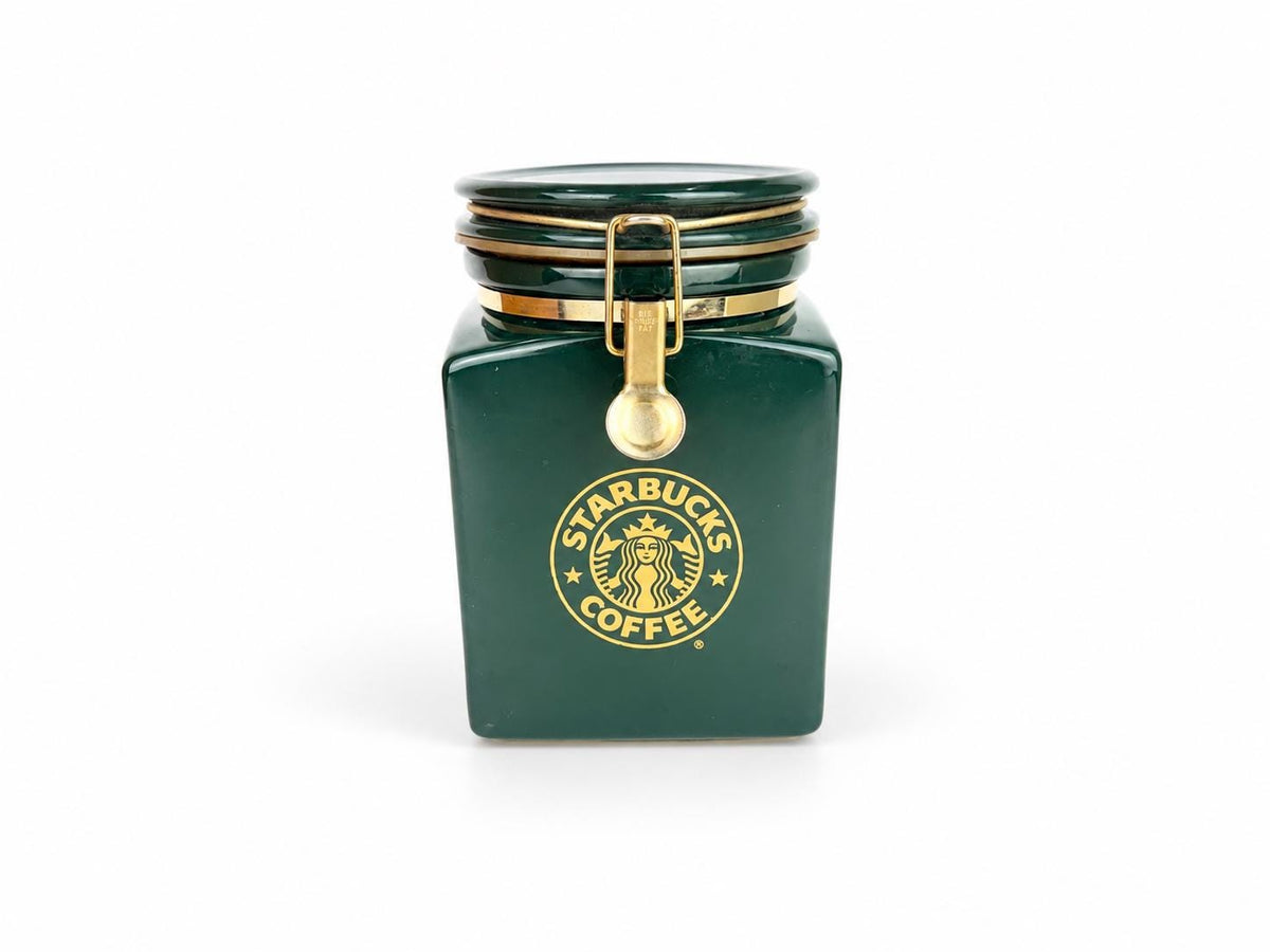 Vintage 1990s Green & Gold Ceramic Starbucks Air Tight Coffee Canister - Bee House Japan