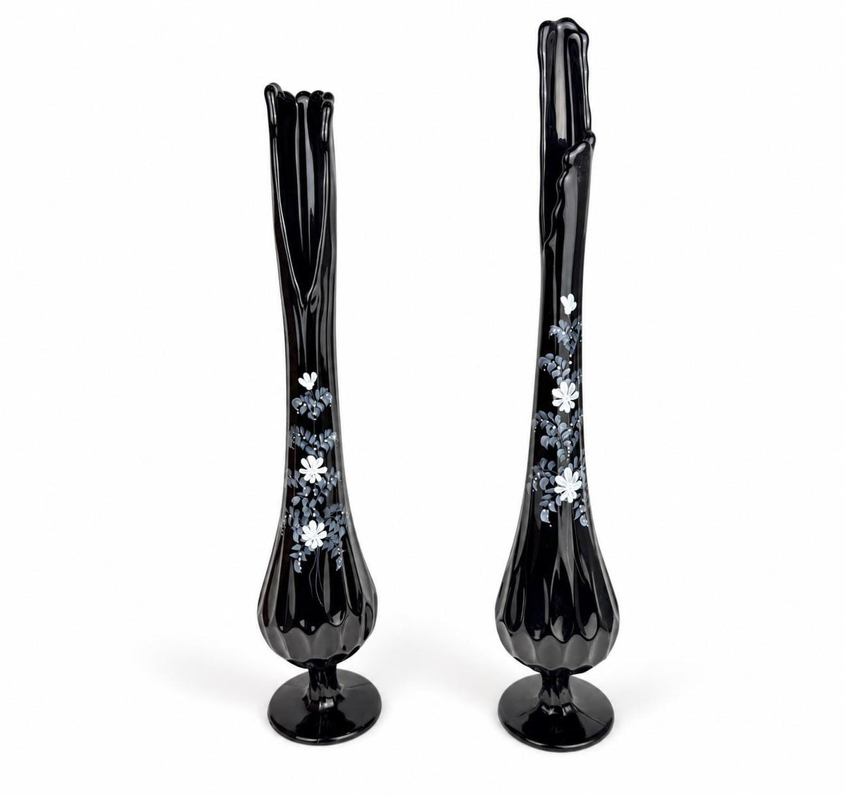 Vintage 1970s Fenton 4453 Ebony Thumbprint Swung Vase - By T Budim - Hand Painted Floral Glass - Each Sold Separately