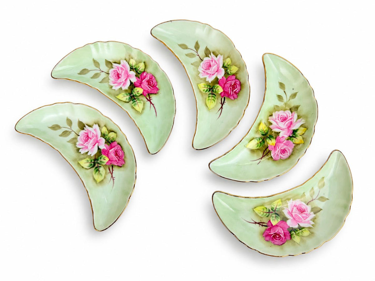 Vintage 1950s Lefton China Green Rose Porcelain Crescent Bone Dishes Set