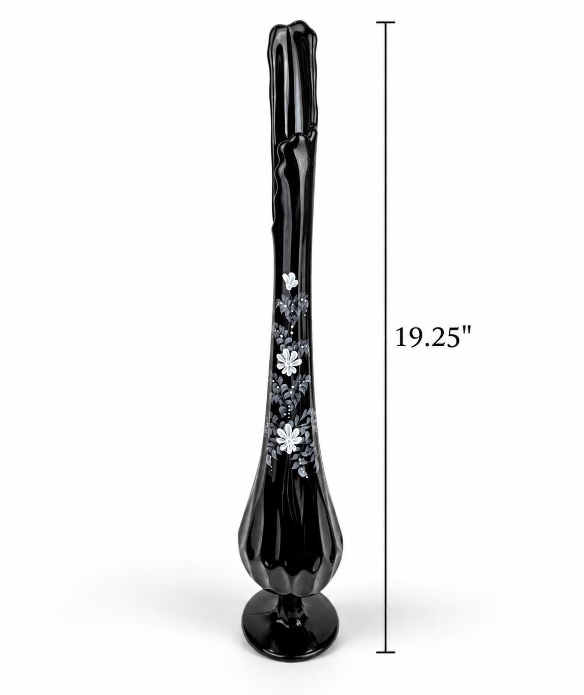 Vintage 1970s Fenton 4453 Ebony Thumbprint Swung Vase - By T Budim - Hand Painted Floral Glass - Each Sold Separately
