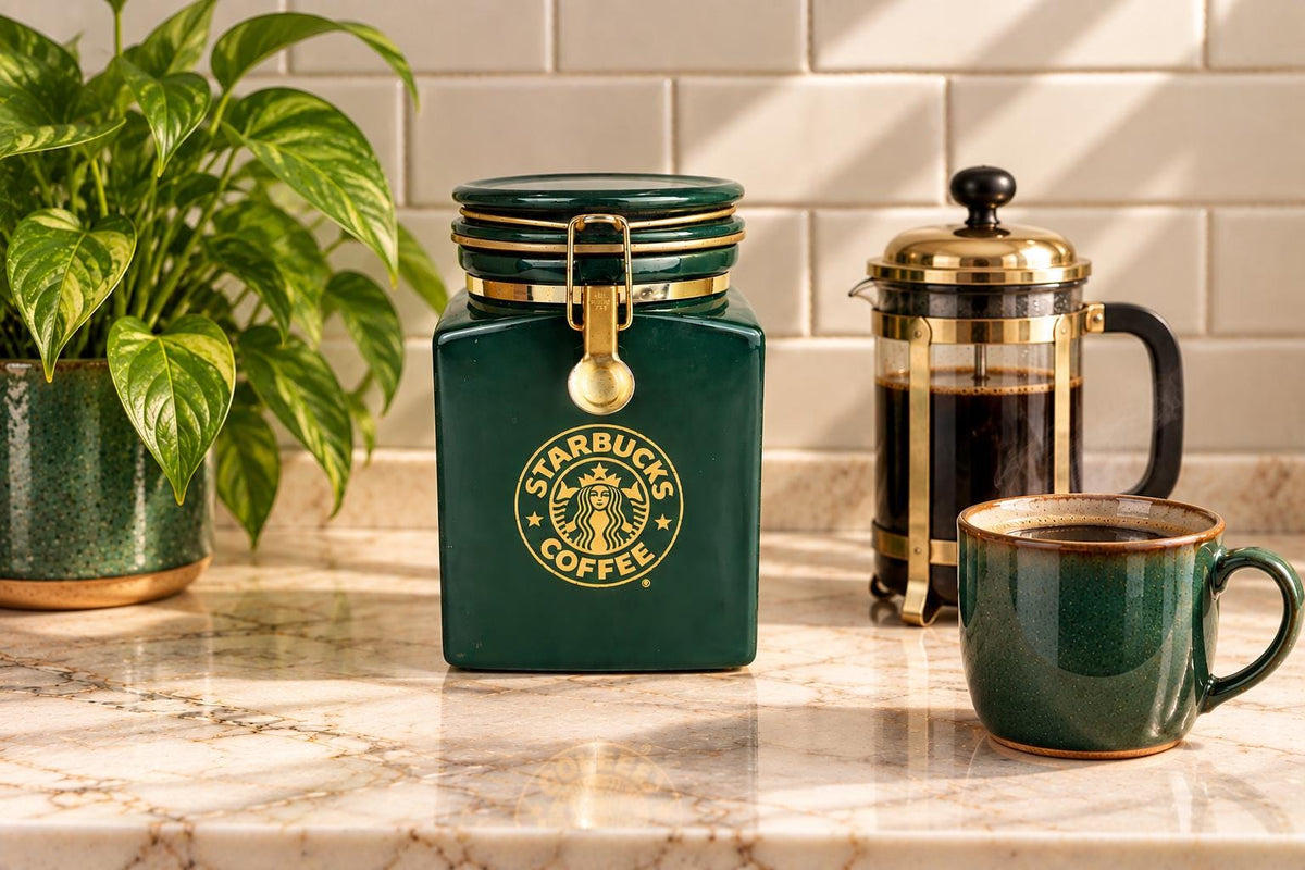 Vintage 1990s Green & Gold Ceramic Starbucks Air Tight Coffee Canister - Bee House Japan