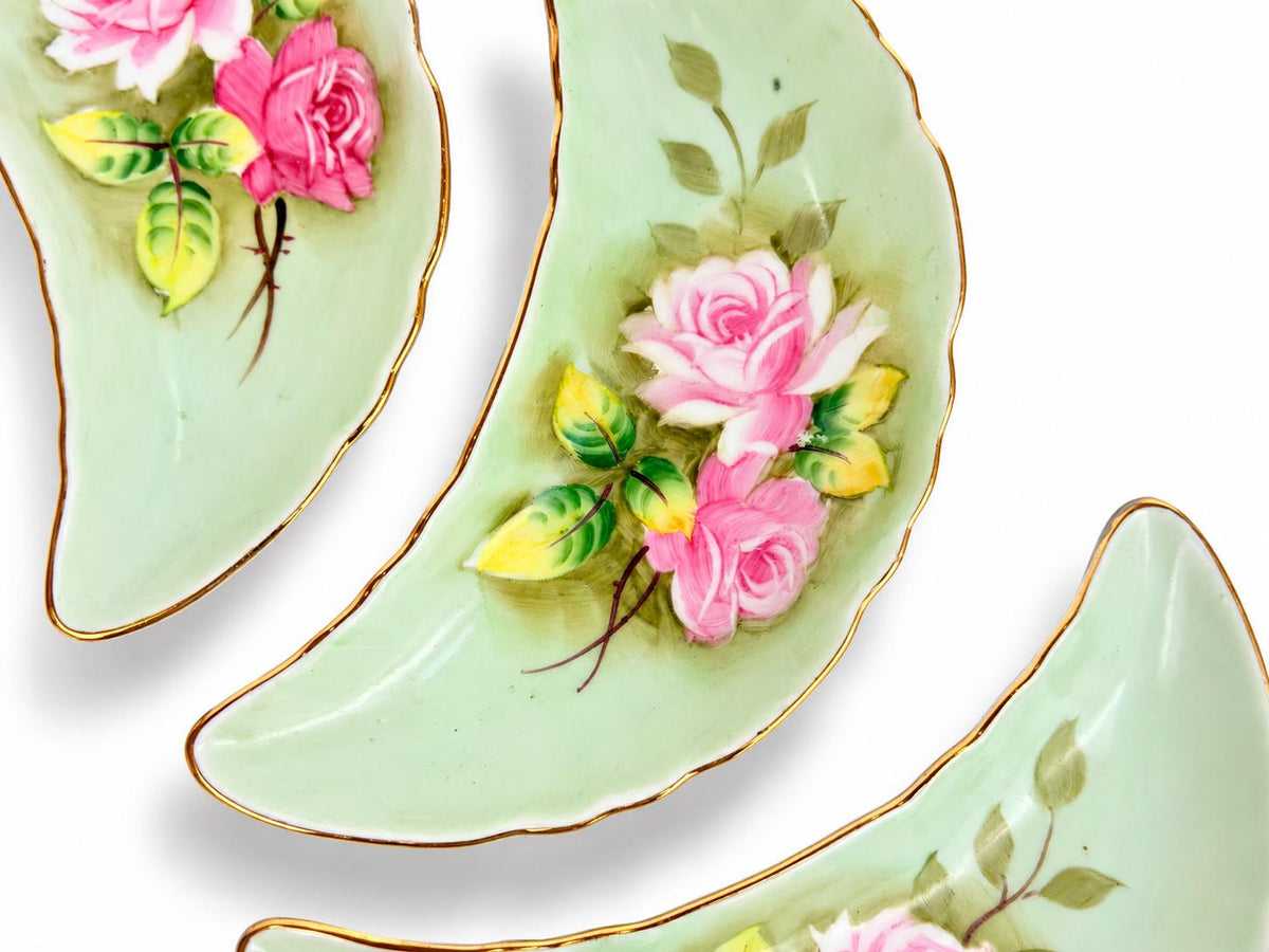 Vintage 1950s Lefton China Green Rose Porcelain Crescent Bone Dishes Set