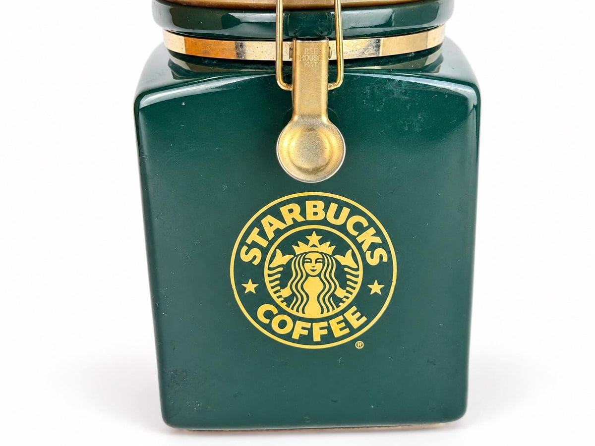 Vintage 1990s Green & Gold Ceramic Starbucks Air Tight Coffee Canister - Bee House Japan