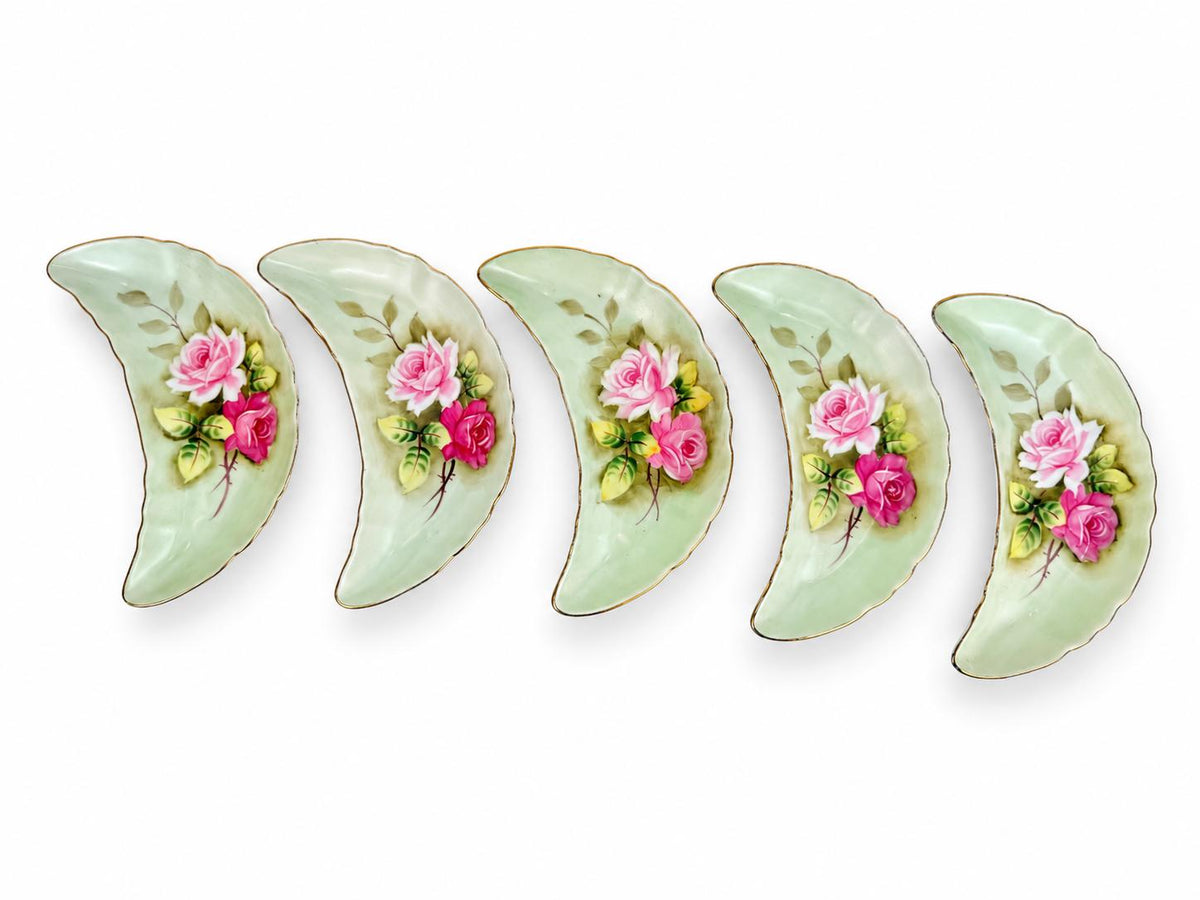 Vintage 1950s Lefton China Green Rose Porcelain Crescent Bone Dishes Set