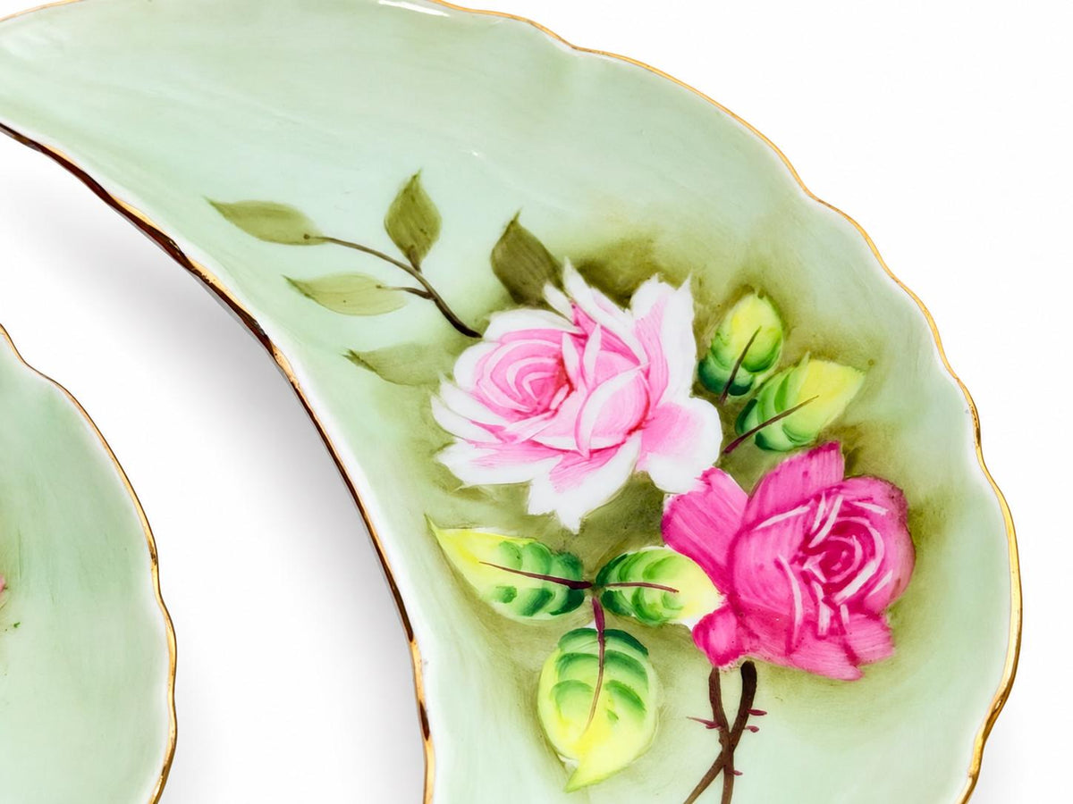 Vintage 1950s Lefton China Green Rose Porcelain Crescent Bone Dishes Set