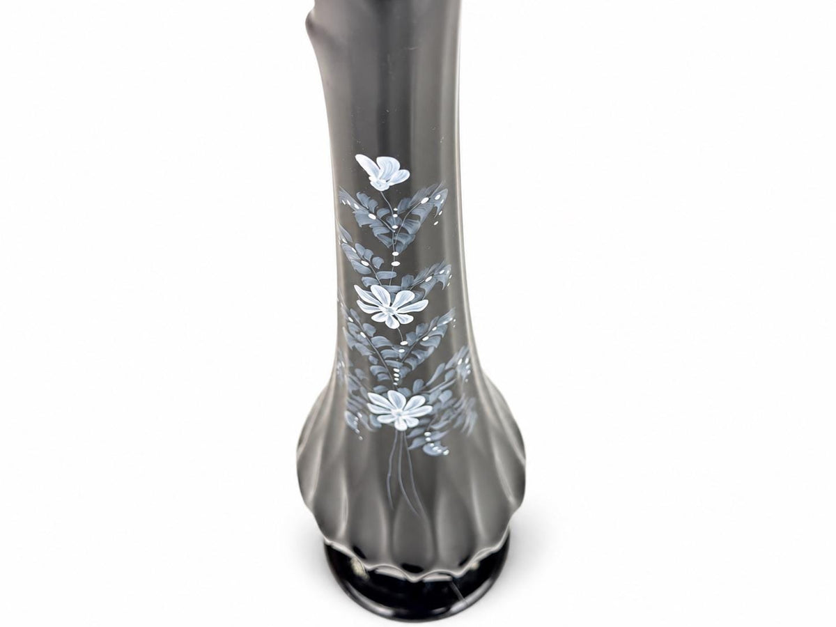 Vintage 1970s Fenton 4453 Ebony Thumbprint Swung Vase - By T Budim - Hand Painted Floral Glass - Each Sold Separately