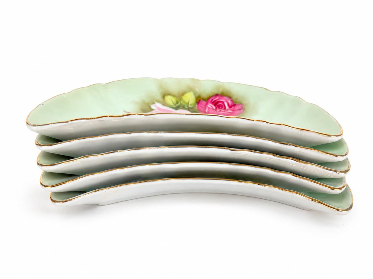 Vintage 1950s Lefton China Green Rose Porcelain Crescent Bone Dishes Set