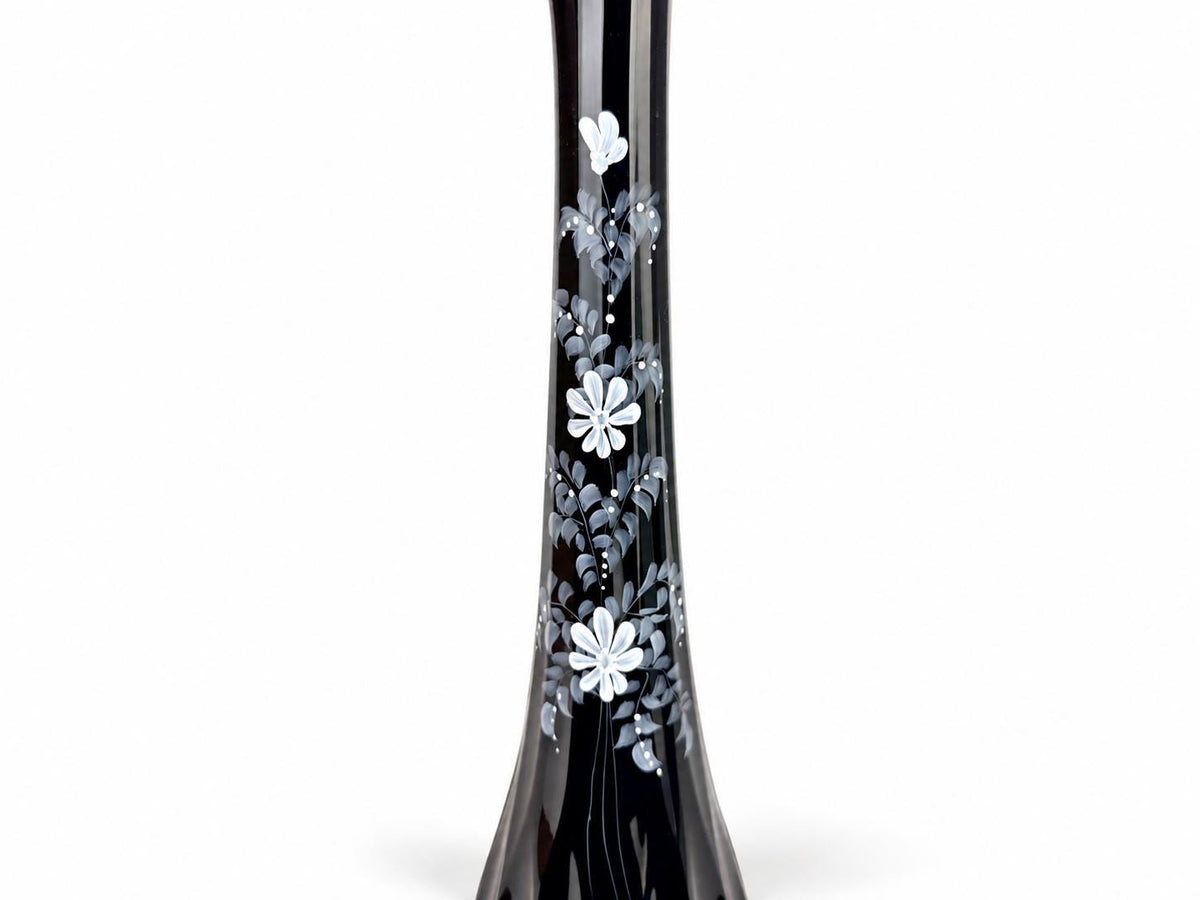 Vintage 1970s Fenton 4453 Ebony Thumbprint Swung Vase - By T Budim - Hand Painted Floral Glass - Each Sold Separately