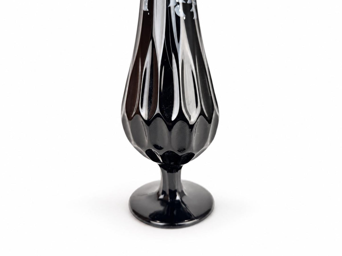 Vintage 1970s Fenton 4453 Ebony Thumbprint Swung Vase - By T Budim - Hand Painted Floral Glass - Each Sold Separately