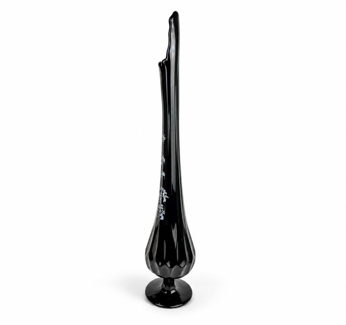 Vintage 1970s Fenton 4453 Ebony Thumbprint Swung Vase - By T Budim - Hand Painted Floral Glass - Each Sold Separately